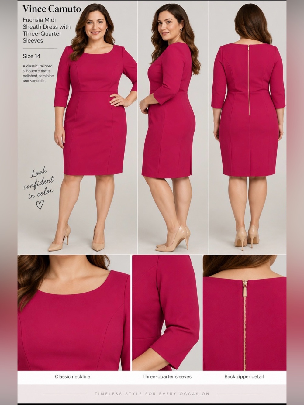 Vince Camuto Fuchsia Midi Sheath Dress with Three-Quarter Sleeves